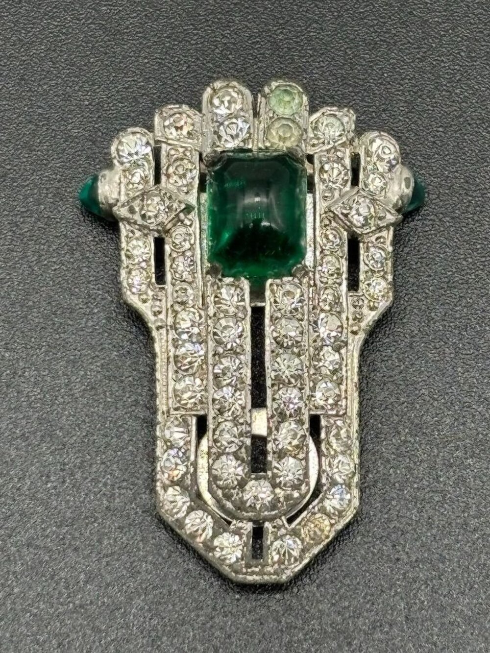 Vintage Large Pot Metal Dress Clip W/Rhinestones Green Cabochon Bullet Cabochons